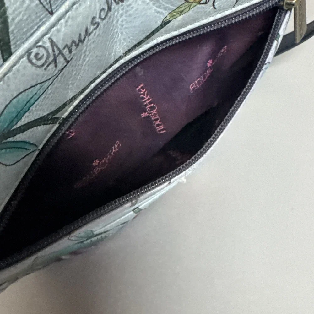 Anuschka Hand Painted‎ Floral Butterfly Leather Shoulder Bag Blue Bug Insect